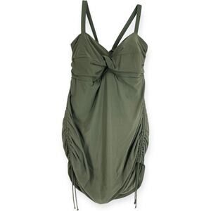 Lands End One Piece Adjustable V Neck Faux Wrap Olive Green Swim Dress 16